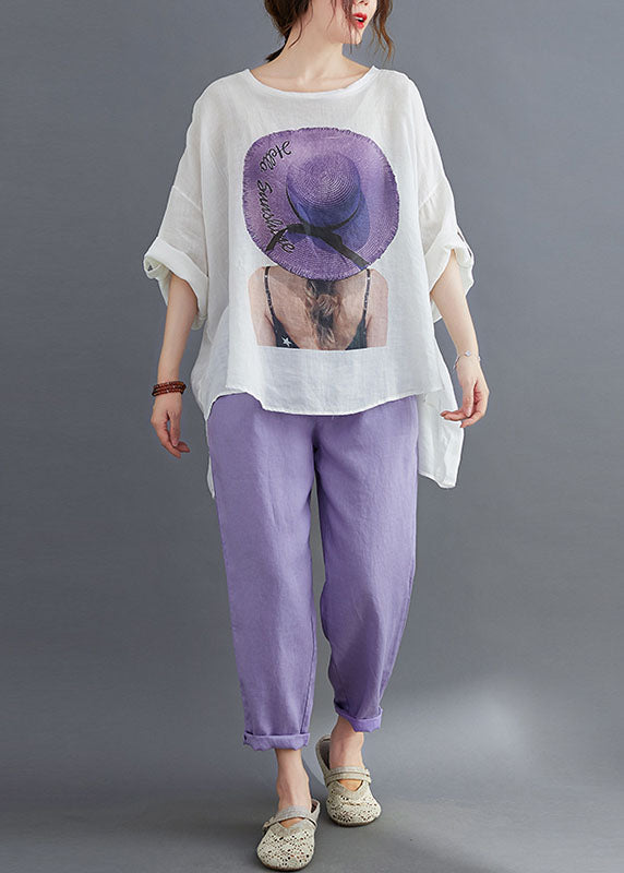Purple Asymmetrical Design Print Cotton Two Pieces Set Summer