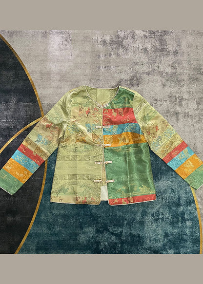 Chinese Style Green Button O-neck Print Coats Spring