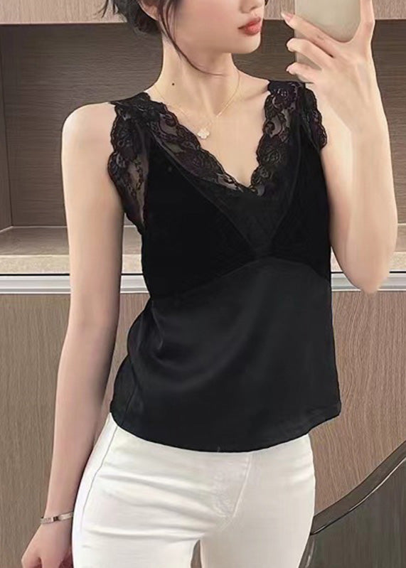 Black Lace Patchwork Silk Tanks Sleeveless