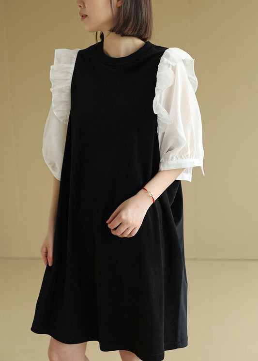 Black O-neck Patchwork Ruffles Velour a Line Dress Half Sleeve