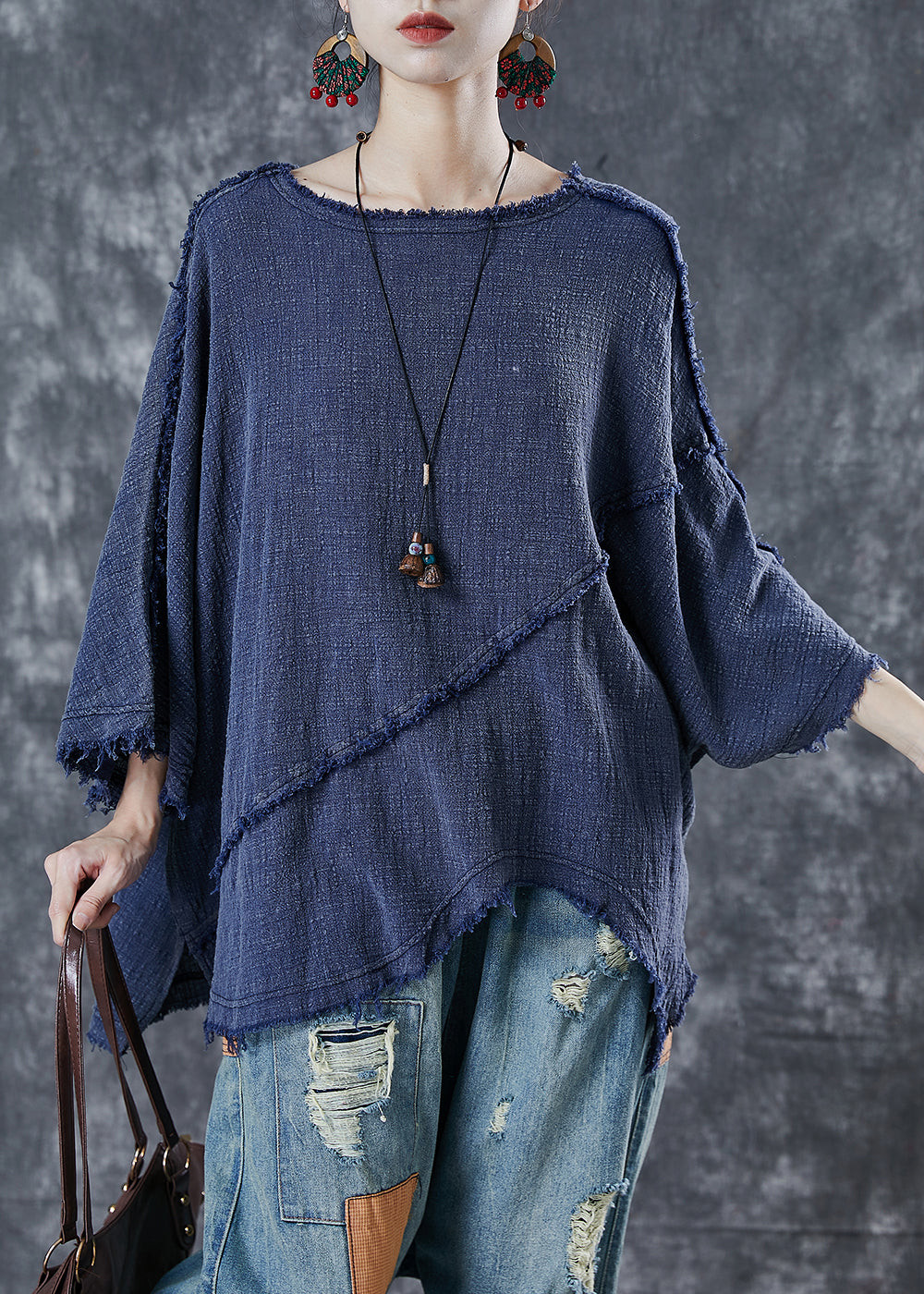 Navy Oversized Patchwork Cotton Blouse Top Spring