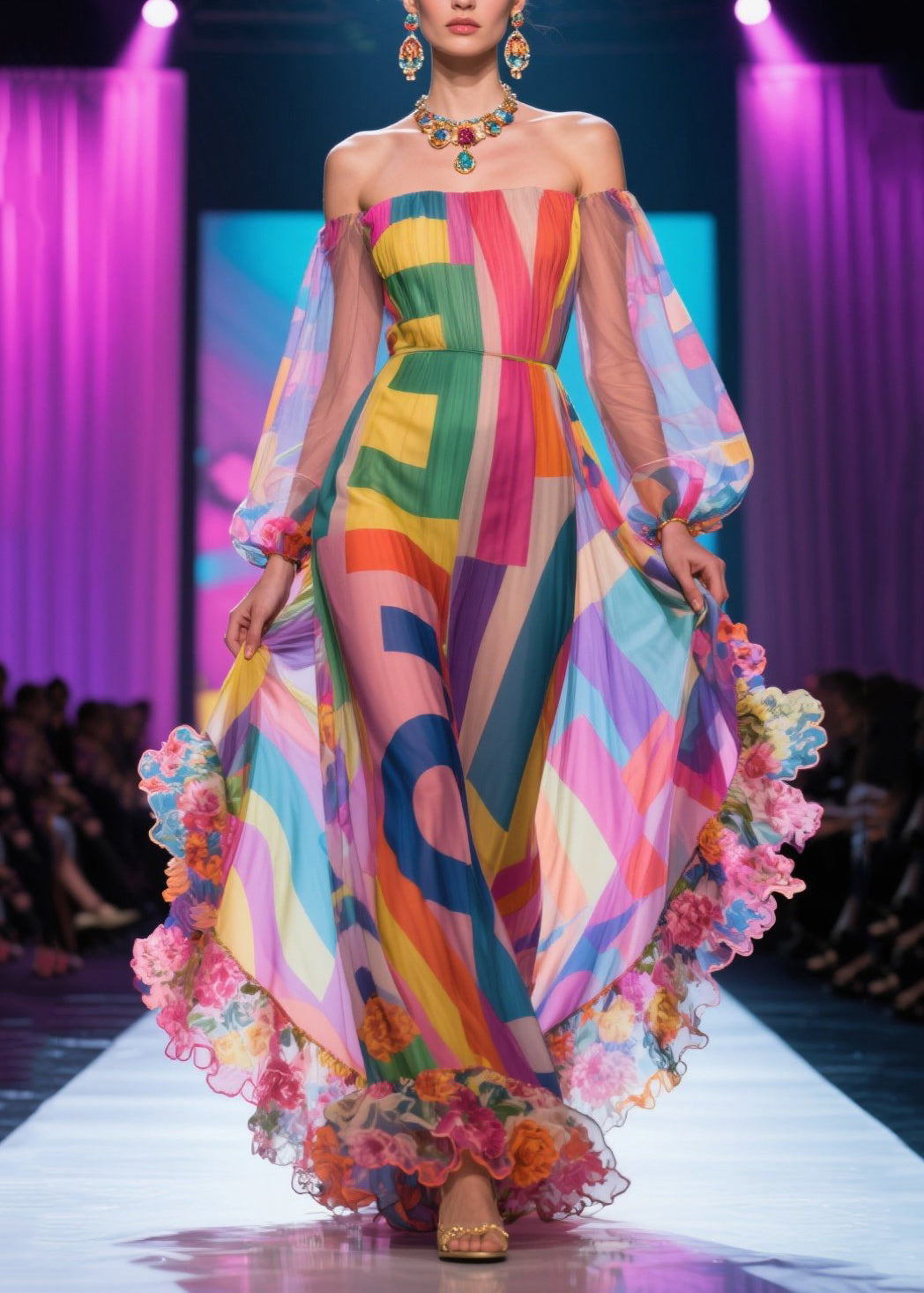 Pink Print Patchwork Ruffled Chiffon Strapless Dress Summer