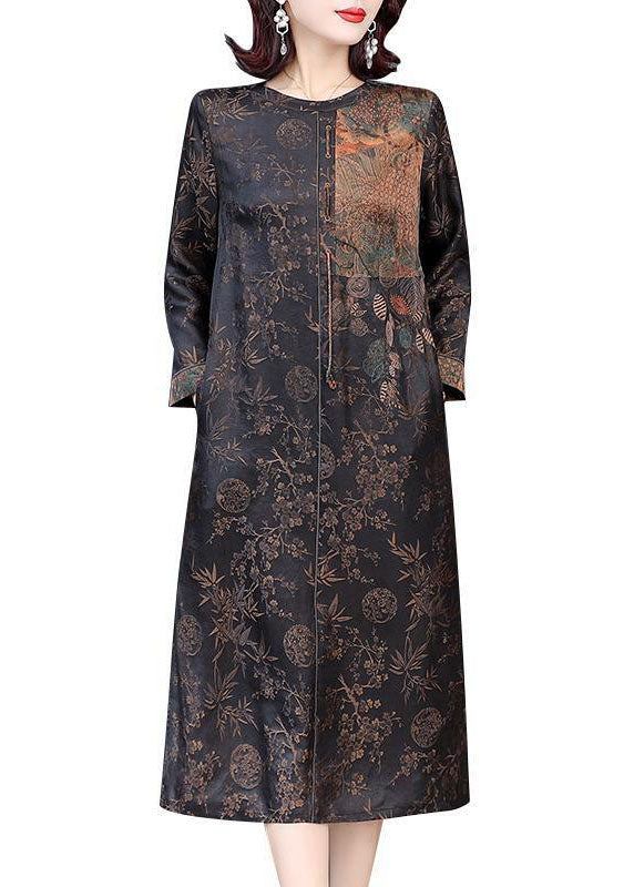 French Brown O-neck Patchwork Side Open Silk Long Dresses Fall