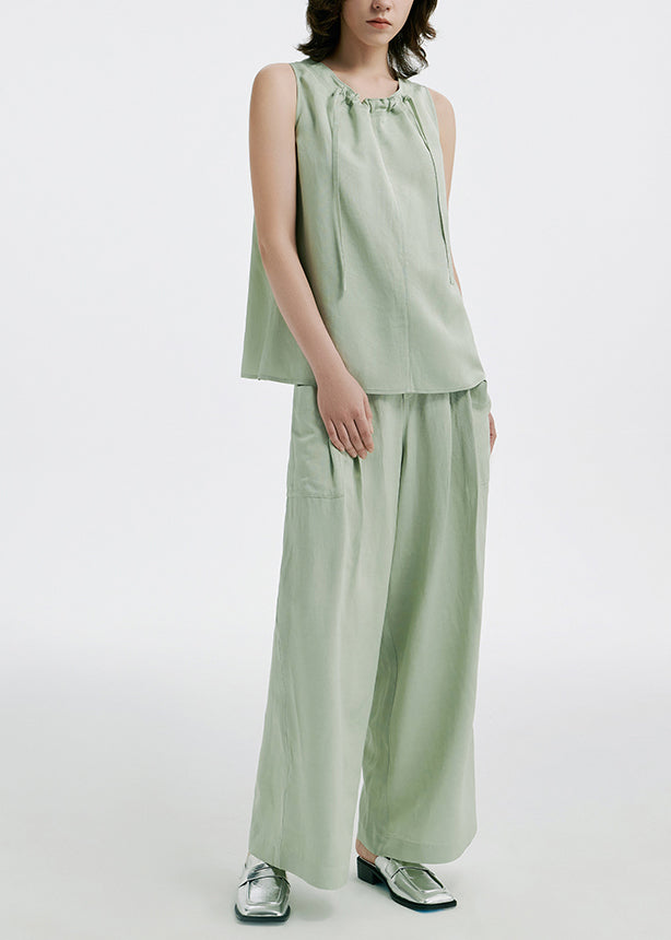 Natural Light Green O-neck Drawstring Silk T Shirts and Wide Leg Pants Two Pieces Set Summer