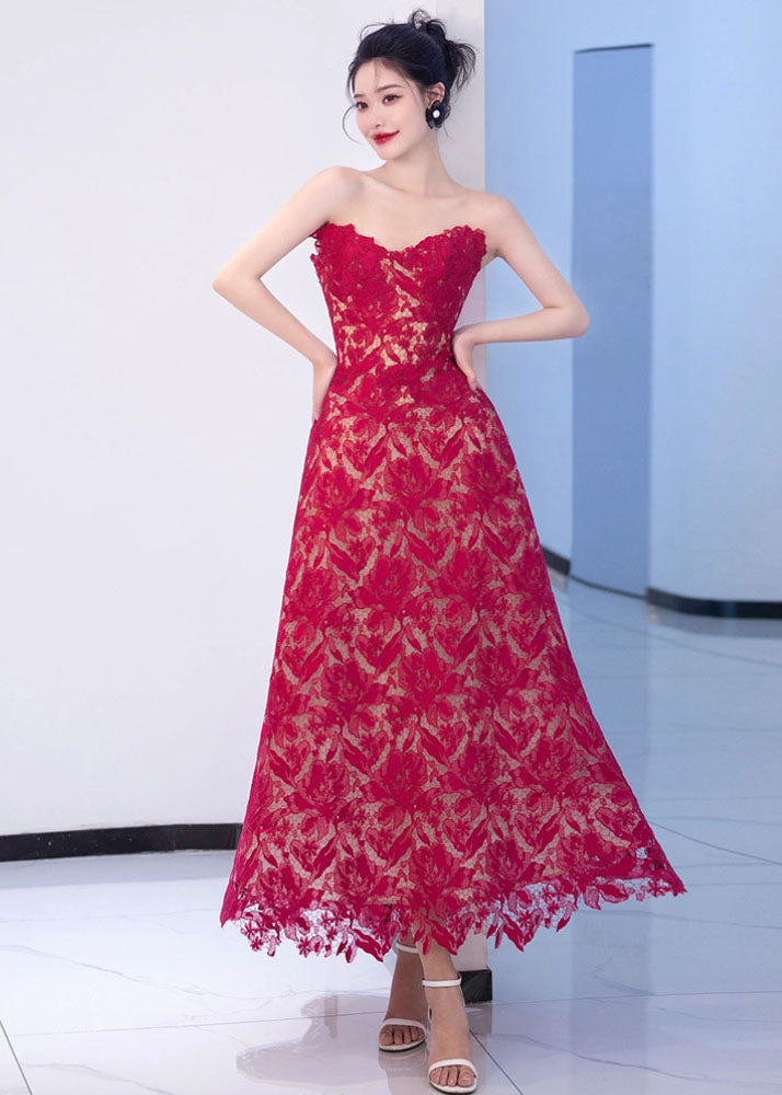 Italian Red Embroideried Hollow Out Lace Maxi Dresses Summer