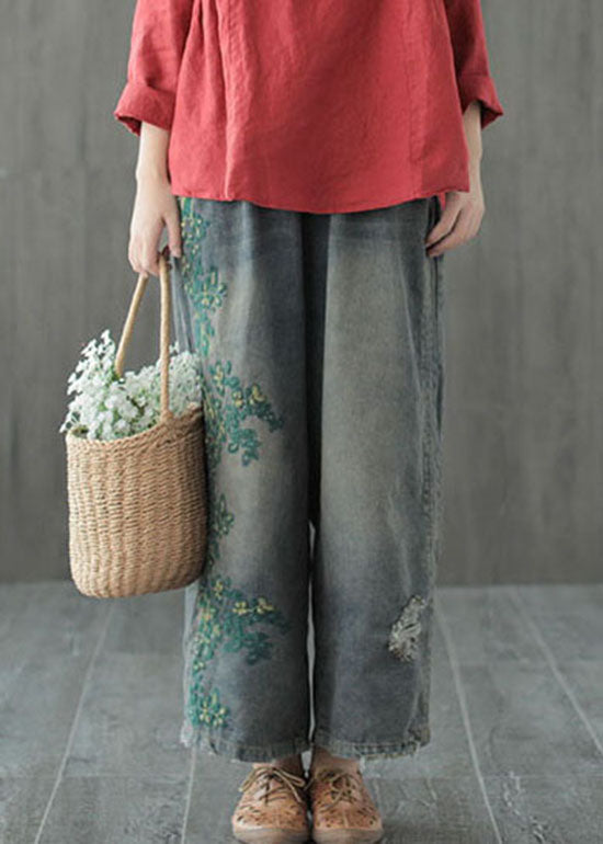 Blue Hole Embroideried Denim Cotton Wide Leg Pants Spring