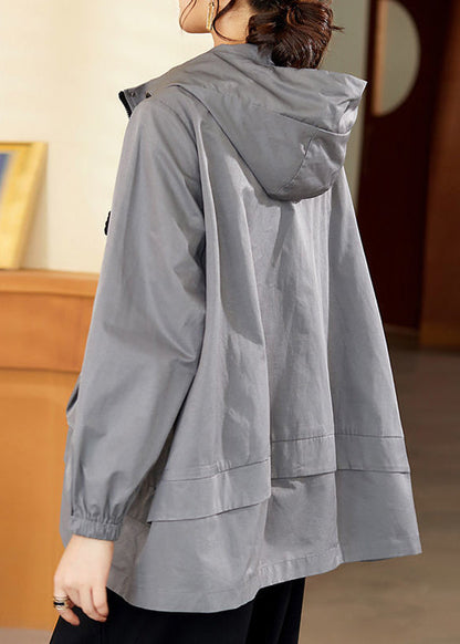 Gray Patchwork Zippered Button Pockets Cotton Hooded Coats Long Sleeve