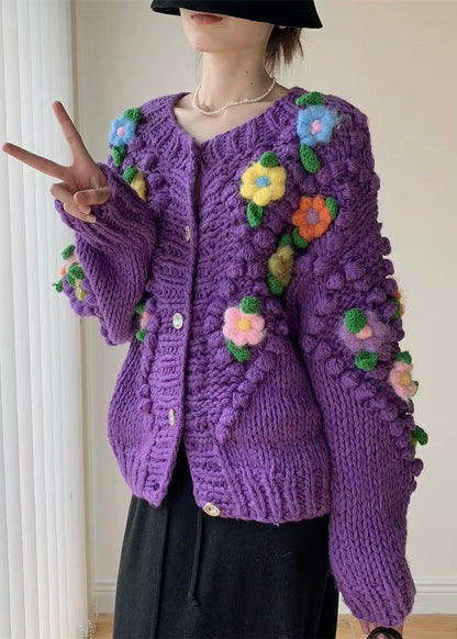 New Purple Button Patchwork Knit Coat Winter