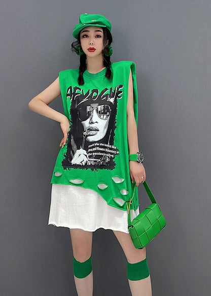 Green O-neck Print Patchwork Dress Sleeveless