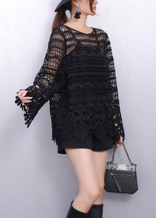 All Black Look Hollow Out Lace T Shirt Fall