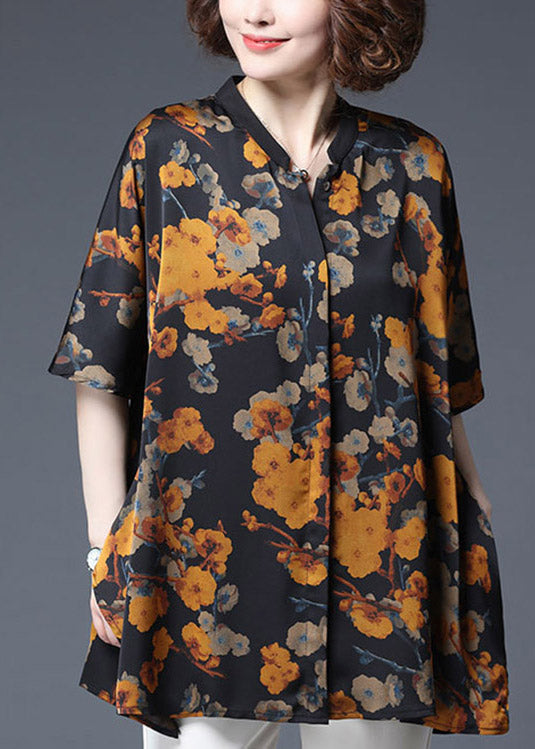 Yellow Print Stand Collar Button Chiffon Tops Half Sleeve
