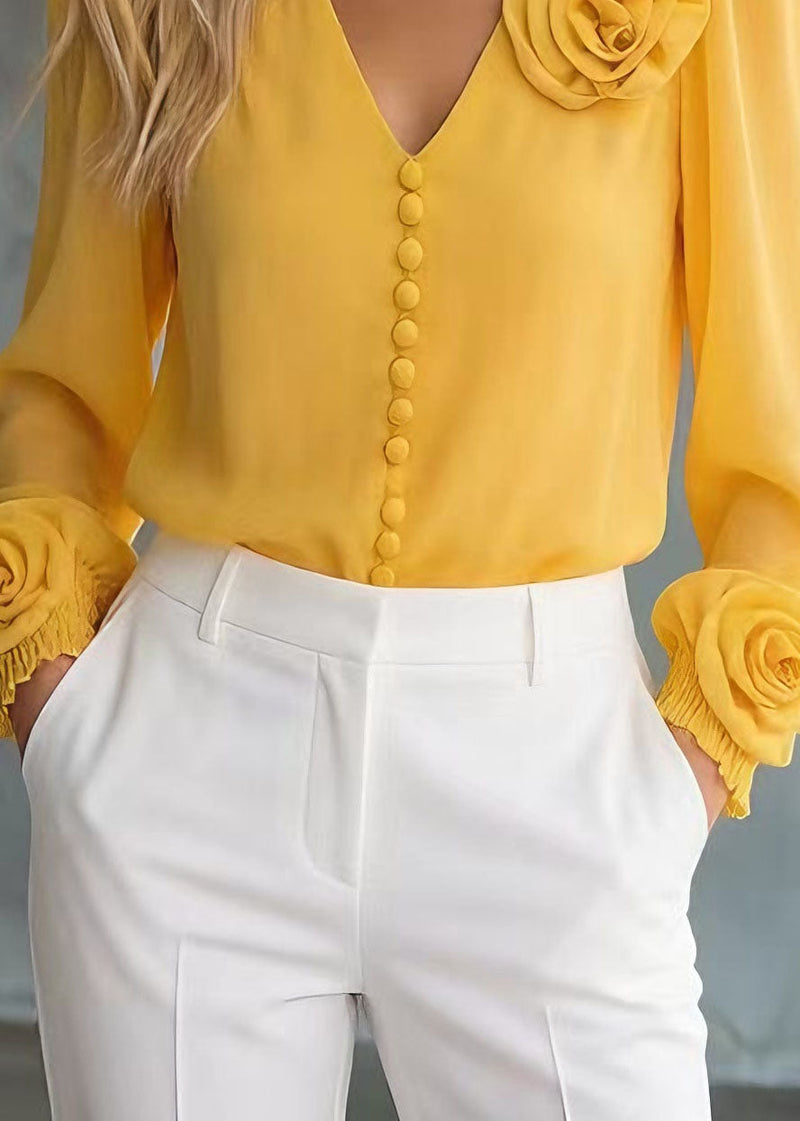 Unique Yellow V Neck Chiffon Shirt Tops Spring