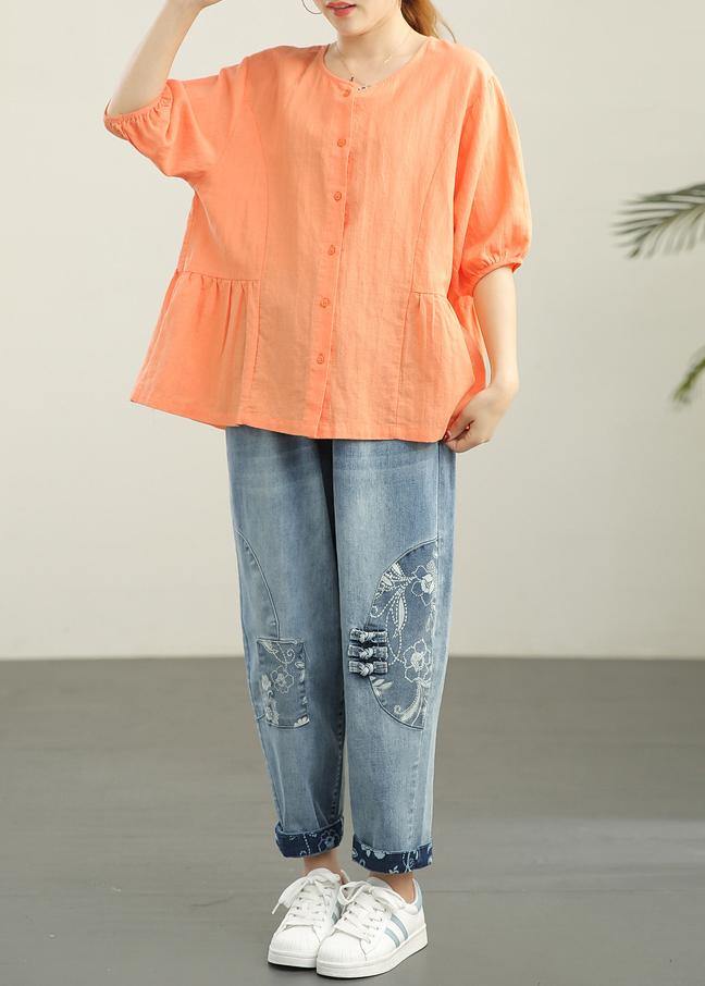 Orange Cinched Lantern Sleeve Linen Summer Blouses