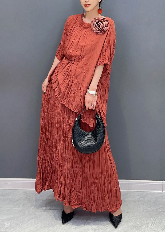 Classy Orange O-neck Wrinkled Top and Skirts Two Pieces Set Summer