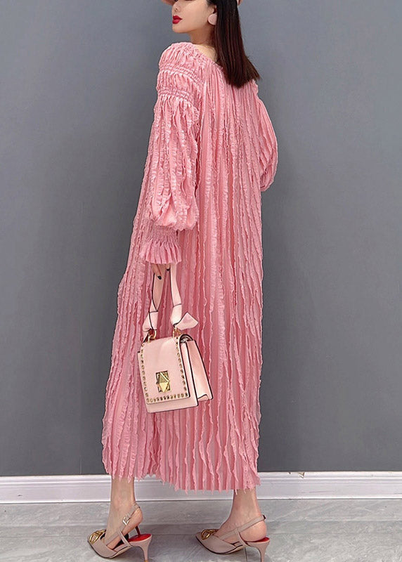 Pink Long Dresses Slash Neck Wrinkled Long Sleeve