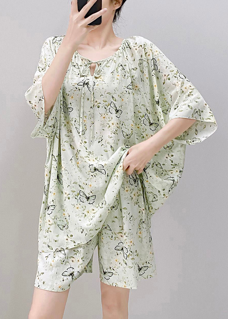Light Green Print Tie Lace Pajamas Sets