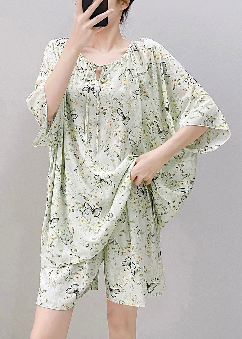 Light Green Print Tie Lace Pajamas Sets