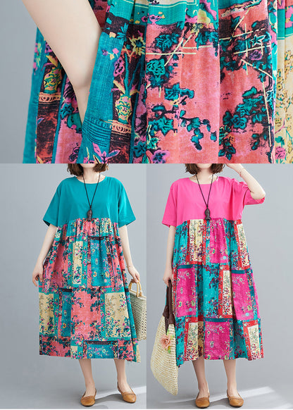 Italian Rose O-neck Patchwork Pocket Vacation Dress Short Sleeve