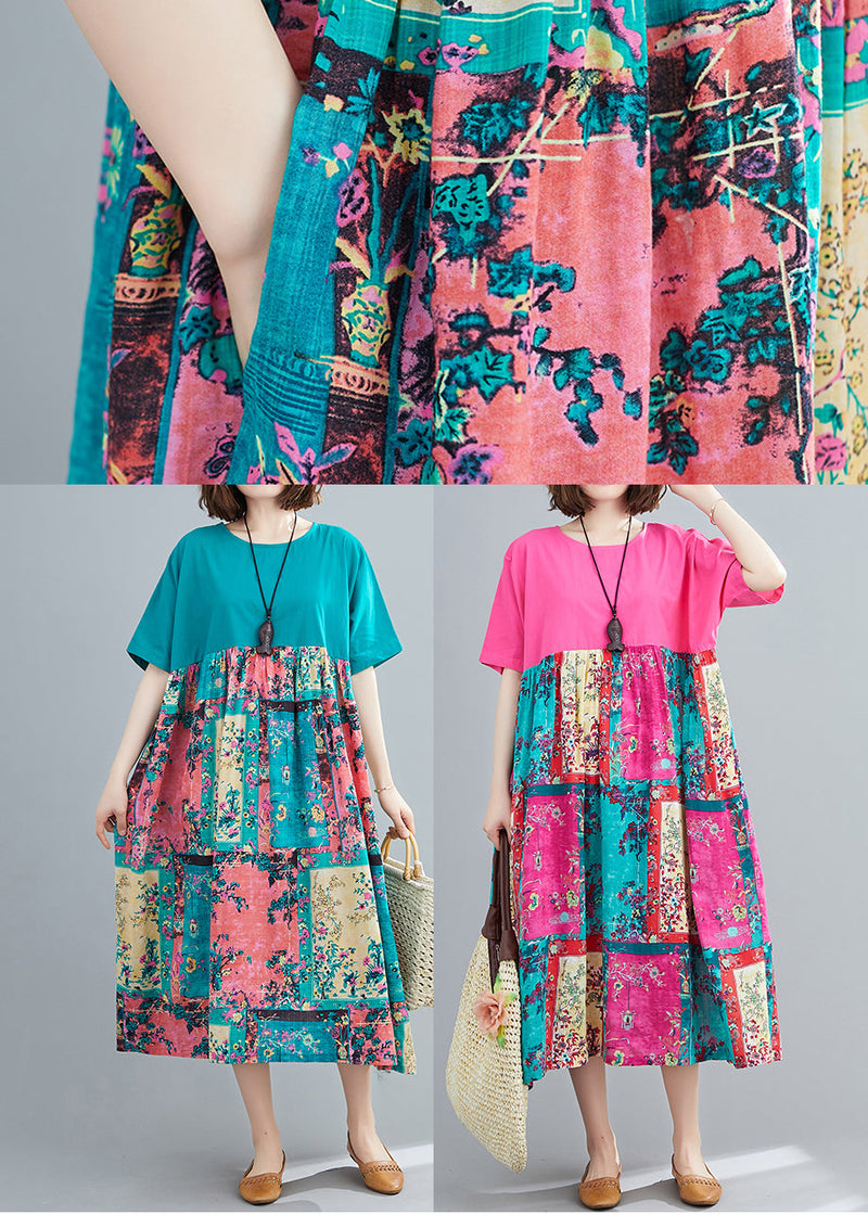 Green Print Extra Large Hem Dresses Wrinkled Short Sleeve