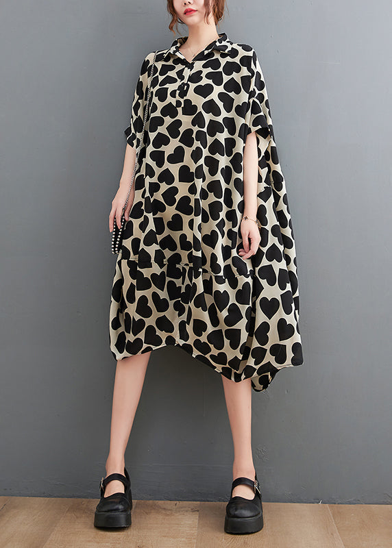 Peter Pan Collar Love Print Long Dresses Short Sleeve