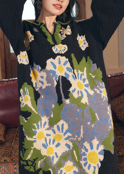 Black V Neck Print Ruffled Patchwork Cotton Knit Long Dress Fall