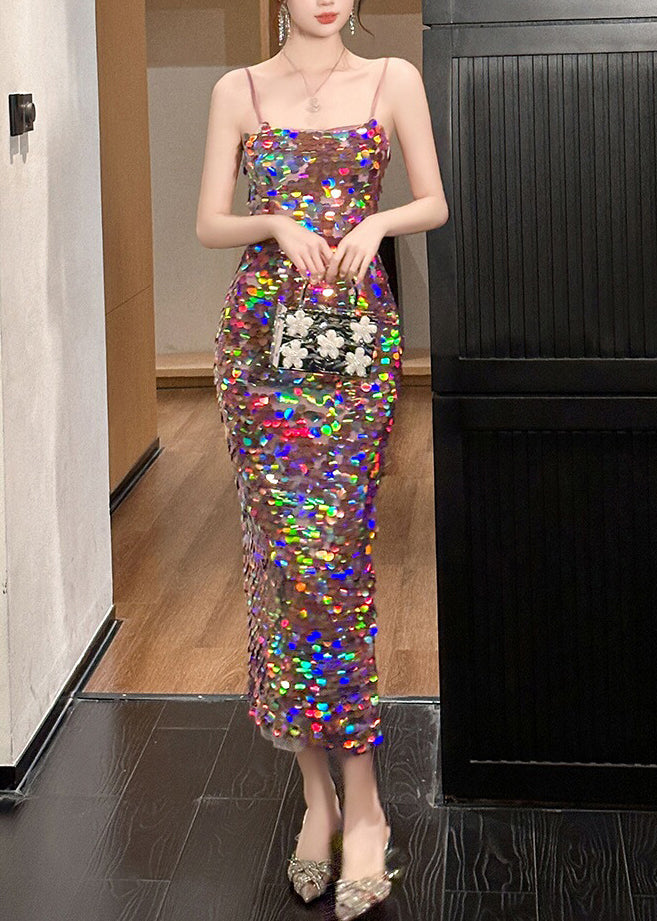 Pink Slash Neck Sequins Spaghetti Strap Dress Sleeveless