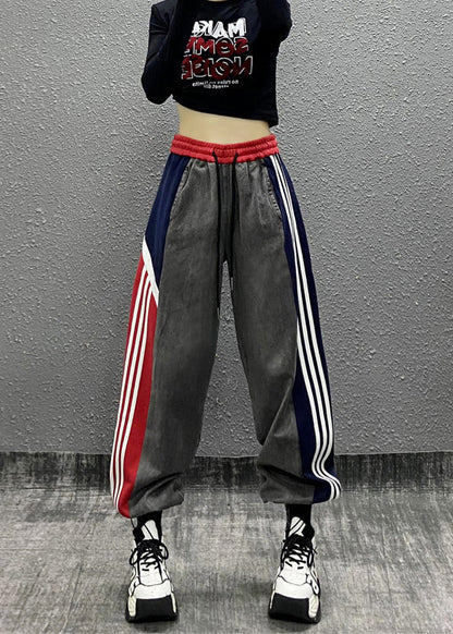 Unique Colorblock Pockets Striped Patchwork Denim Trousers Fall