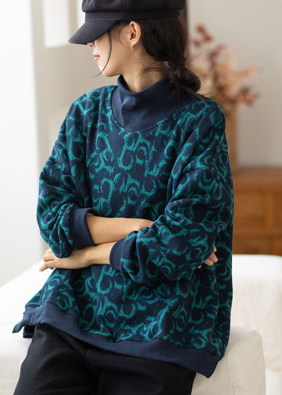 Navy Turtle Neck Print Warm Fleece Sweatshirts Top Spring