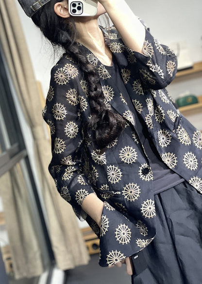 Navy Notched Print Button Coats Long Sleeve