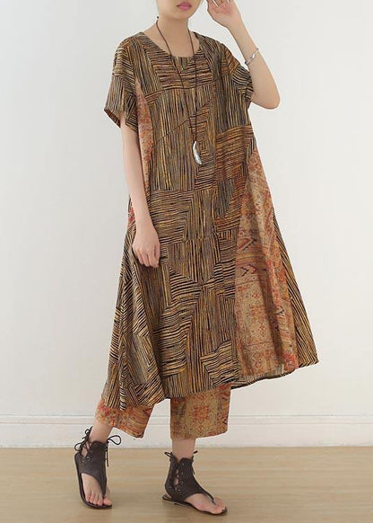 Yellow Print Patchwork Summer Linen Two Pieces Set