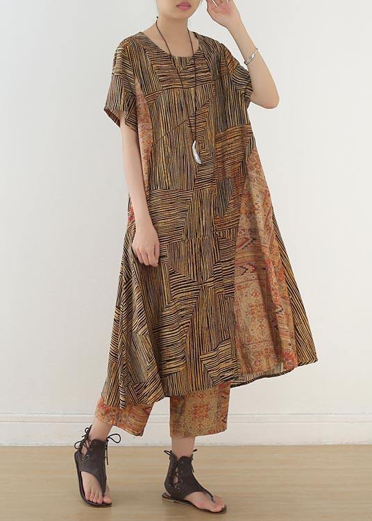 Yellow Print Patchwork Summer Linen Two Pieces Set