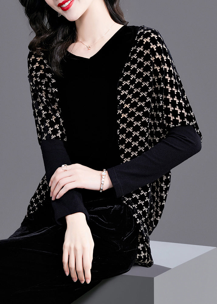 Black V Neck Plaid Patchwork Velour Tops Long Sleeve