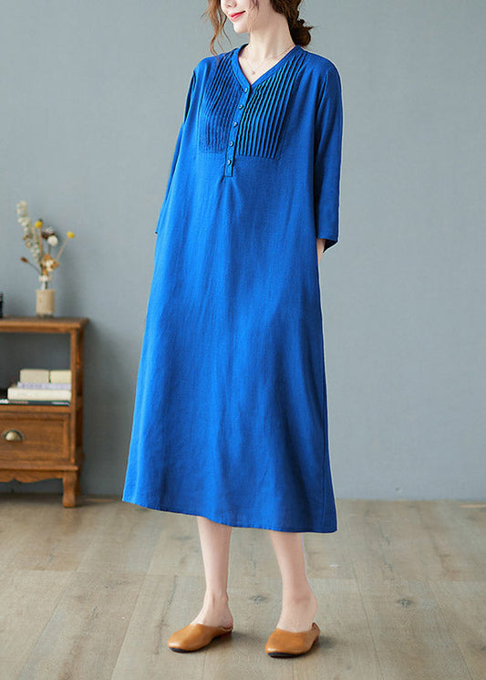Blue Wrinkled Linen Long Dresses Half Sleeve