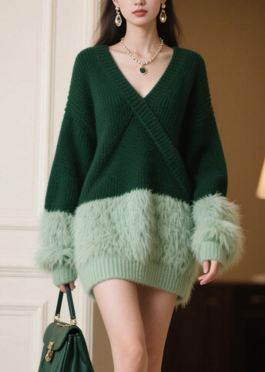 Tea Green Oversized Patchwork Knitwear Dress Winter