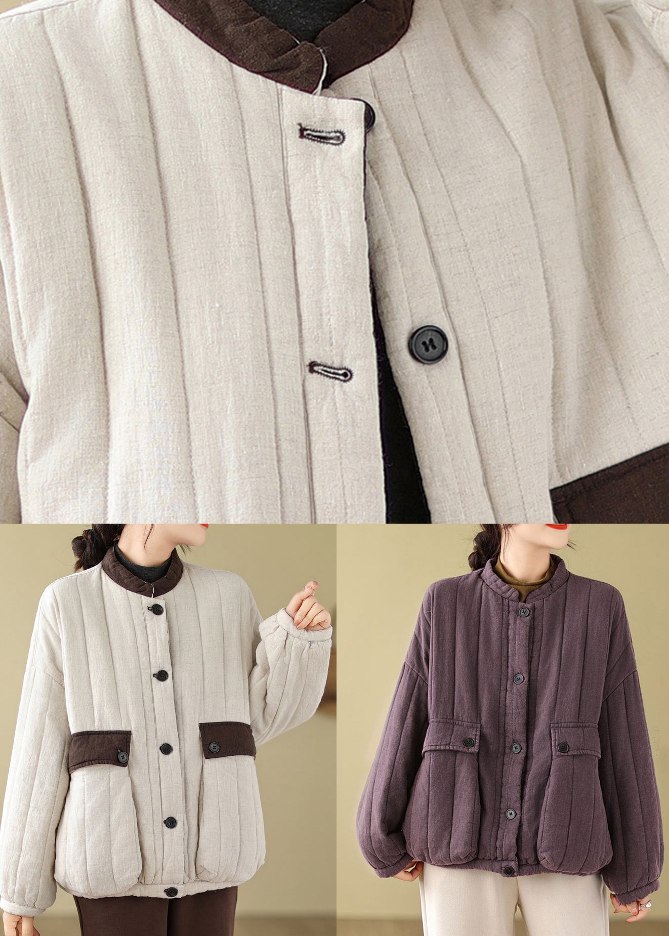 Loose Apricot Pockets Fine Cotton Filled Jackets Winter
