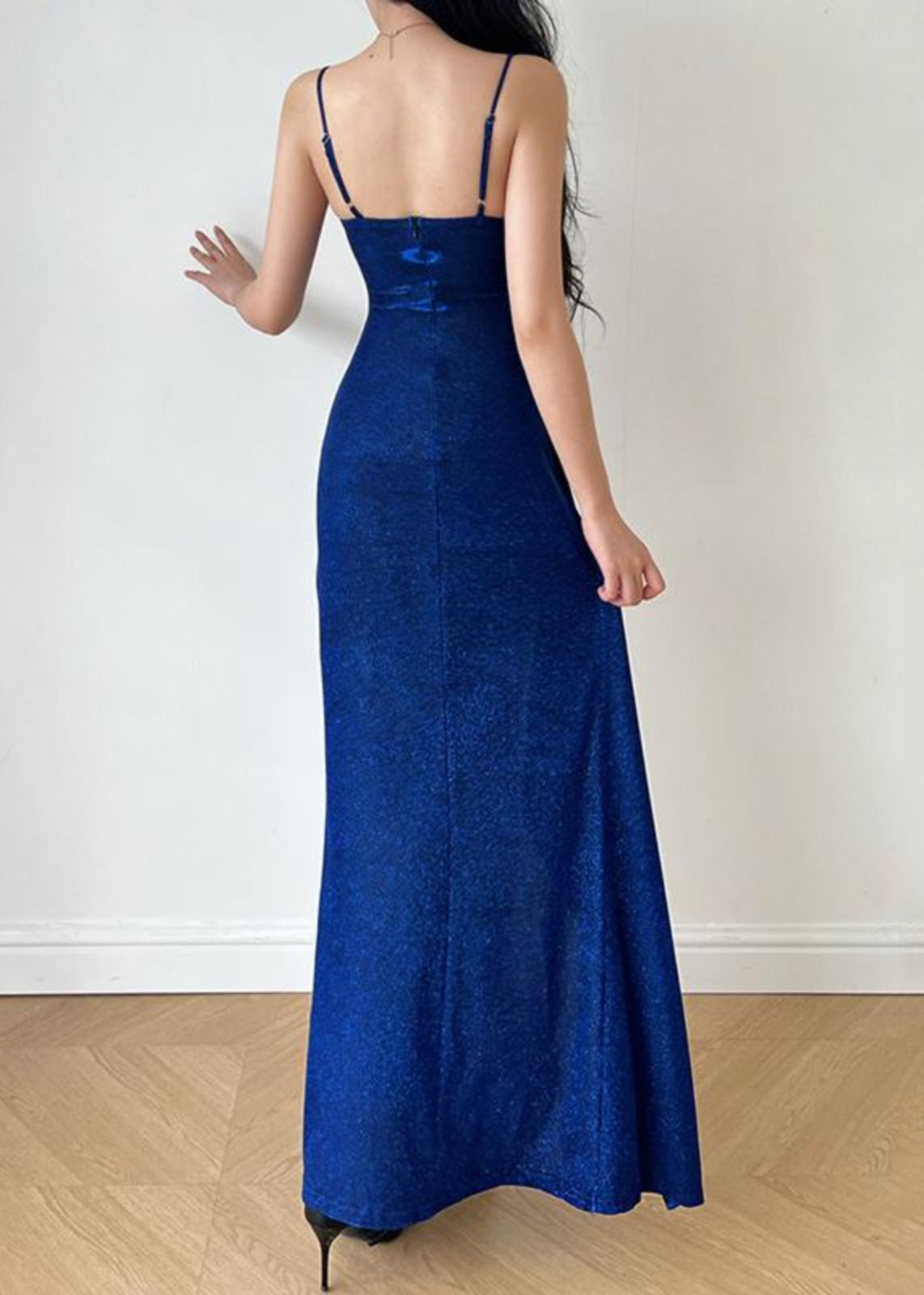 Slim Fit Blue Front Open Spaghetti Strap Dress Sleeveless