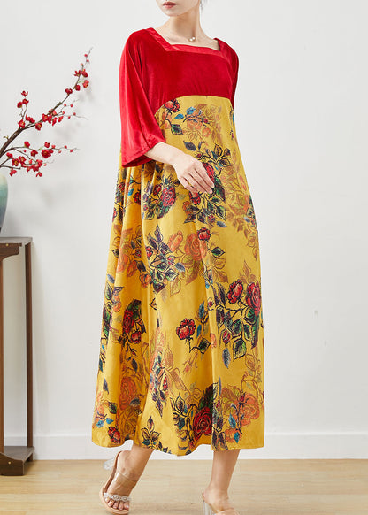 Stylish Colorblock Square Collar Patchwork Silk Velour Dress Summer
