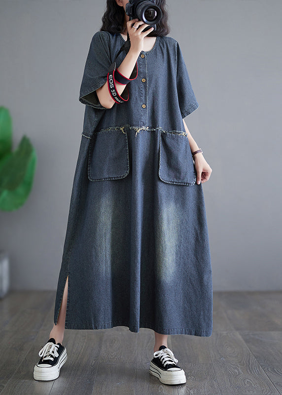 Denim Blue Patchwork Side Open Button Maxi Dresses Short Sleeve