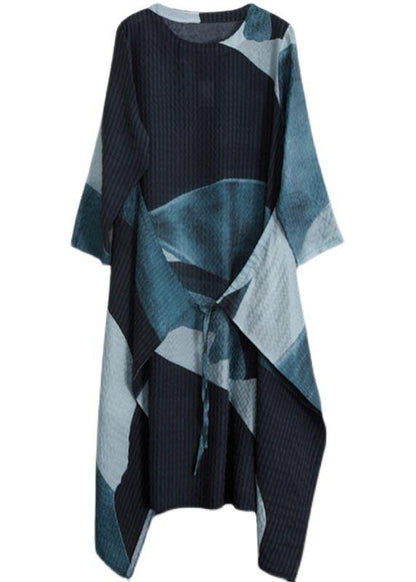 French Blue Print Quilting Clothes V Neck Asymmetric Spring Dress