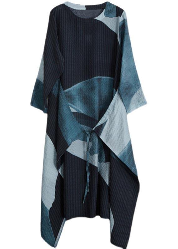 French Blue Print Quilting Clothes V Neck Asymmetric Spring Dress