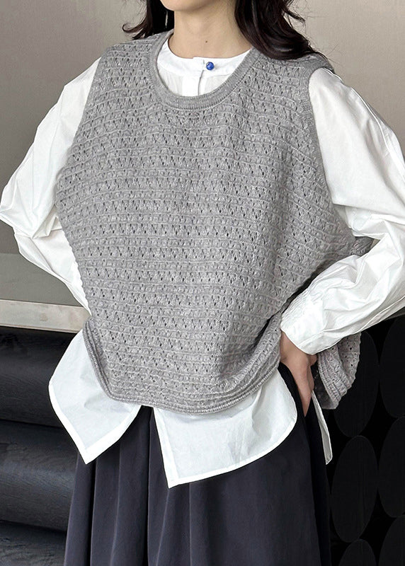Grey O Neck Hollow Out Knit Vest Sleeveless