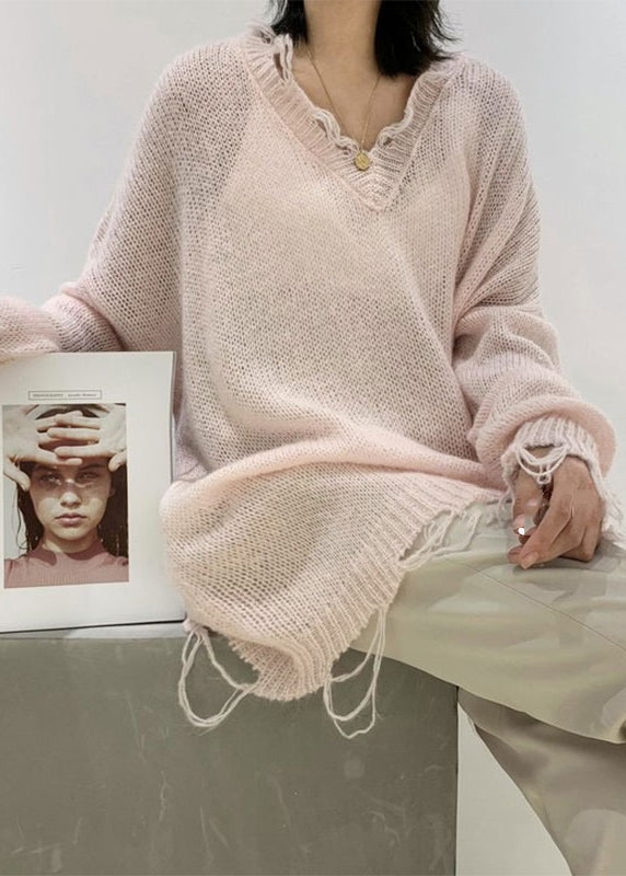 Green V Neck Ripped Ma Hai Mao Knit Sweaters Winter