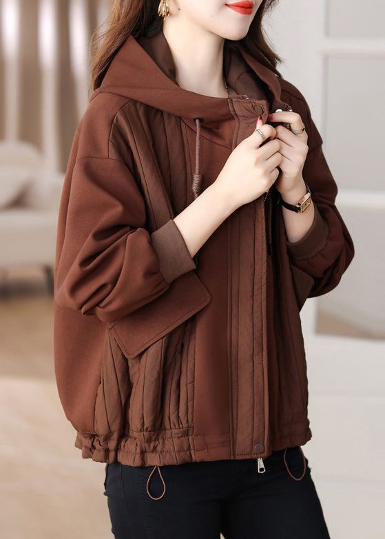 Coffee Patchwork Cotton Hoodie Coat Drawstring Winter
