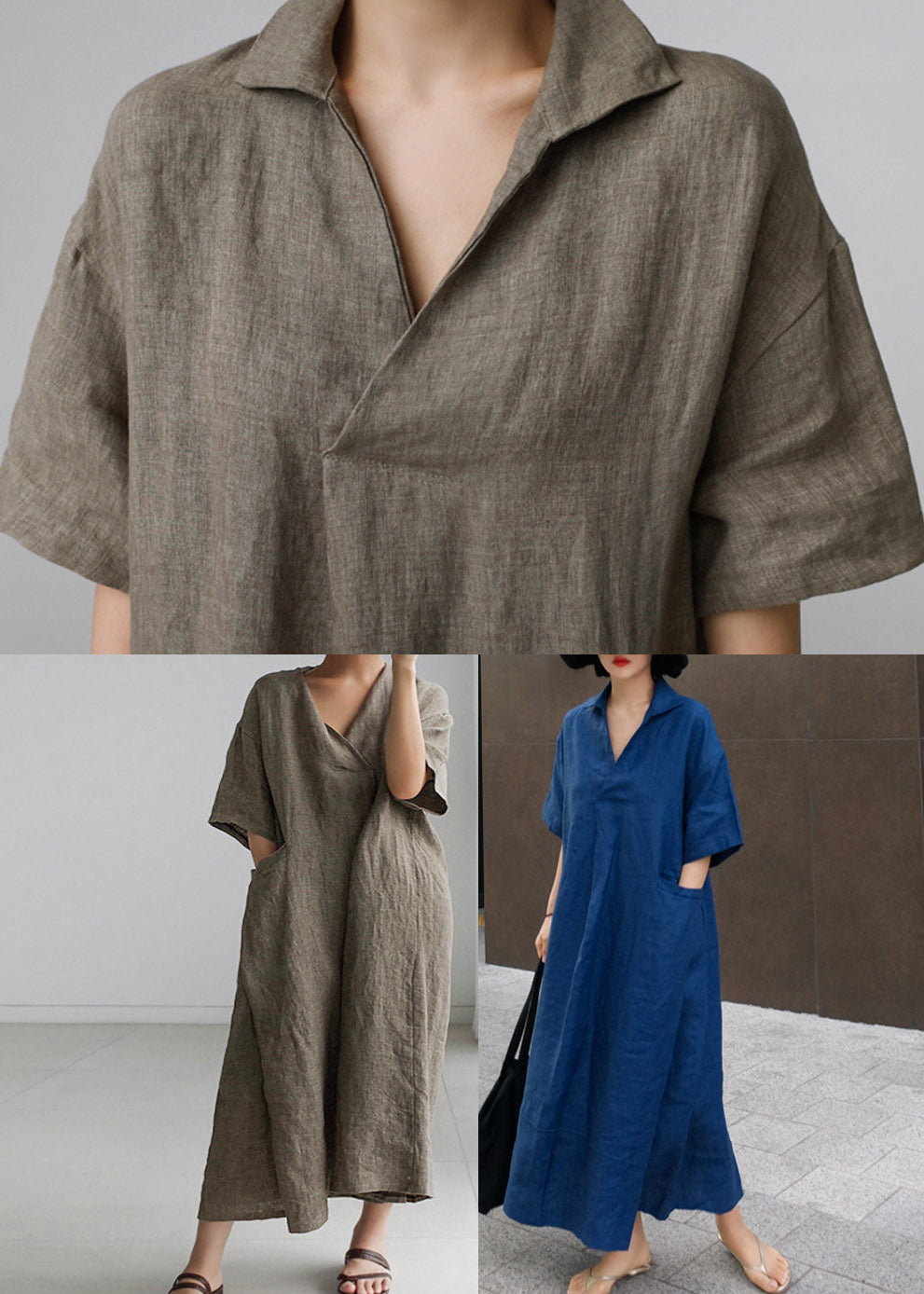 Grey Peter Pan Collar Pockets Linen Long Dresses Short Sleeve