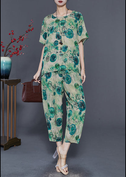 Green Oversized Print Linen Two Piece Set Summer