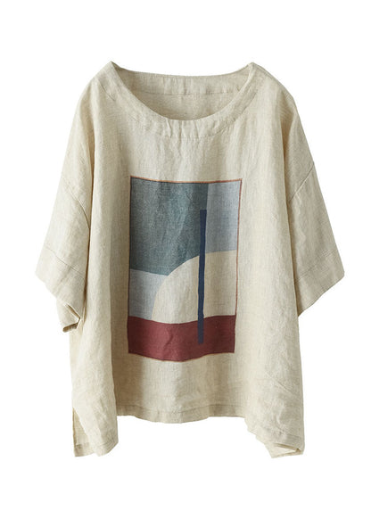 Linen Colour Print Linen Tank O-neck Oversized Short Sleeve