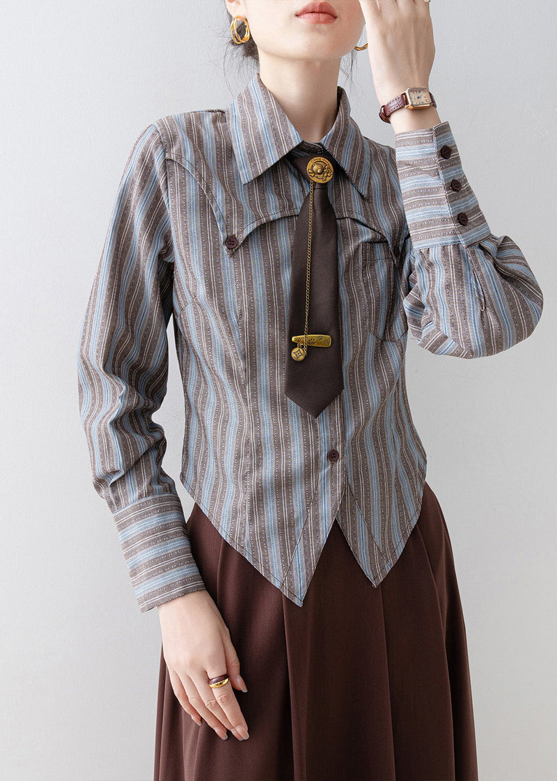 Peter Pan Collar Striped Cotton Shirts Top Spring