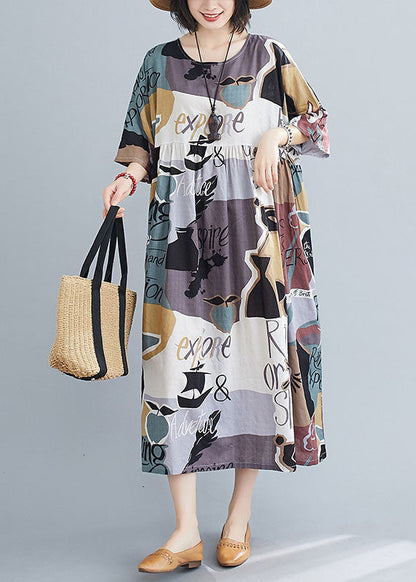 Grey O-neck Print Wrinkled Cotton Maxi Dresses Short Sleeve