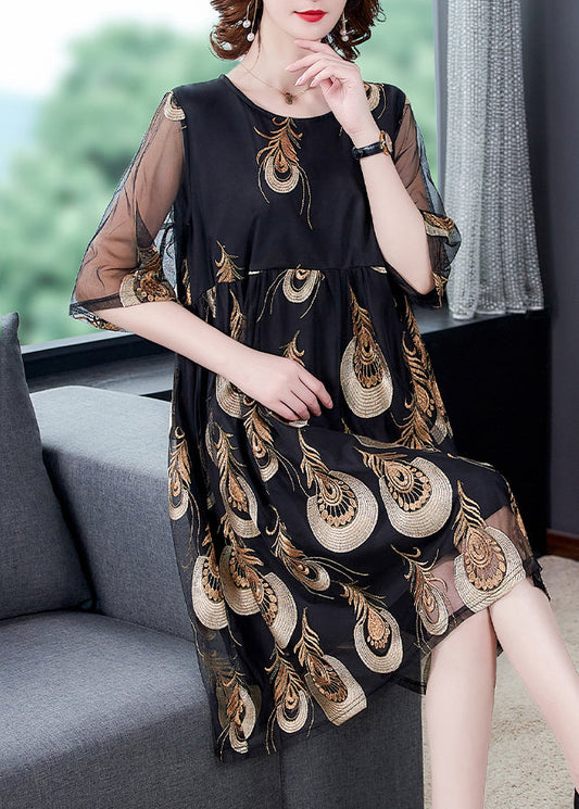 Black Embroideried Tulle Patchwork Wrinkled Chiffon Dress Half Sleeve