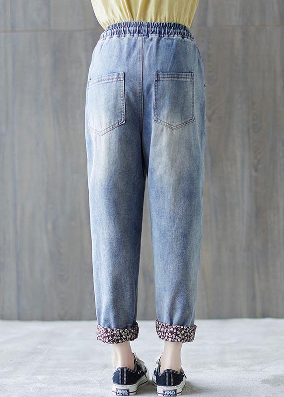Blue Patchwork Pockets Cotton Pants Summer